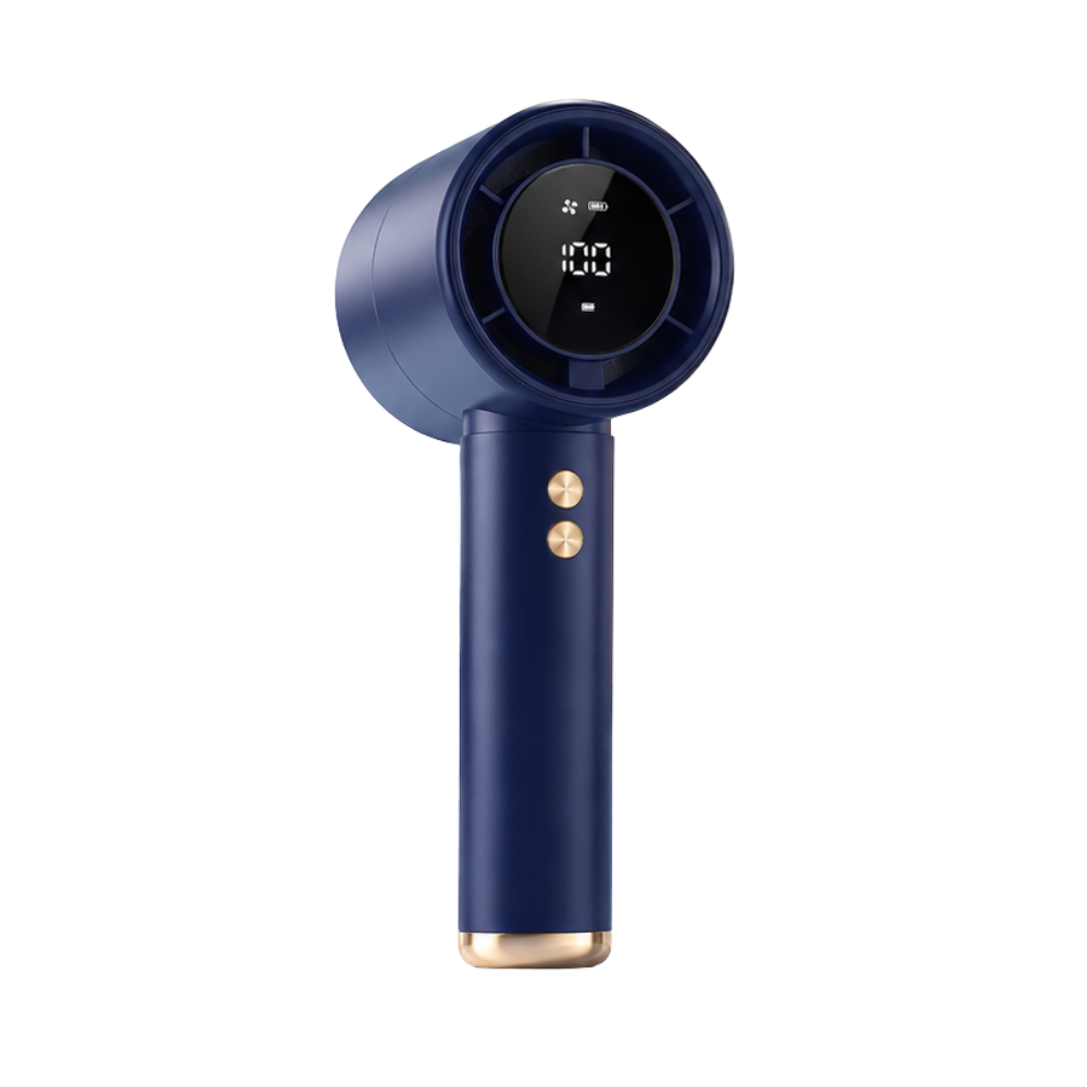 Podręczny mini wentylator z LCD, USB-C. Turbinowe chłodzenie do auta i na spacer.