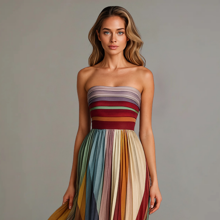 Elegancka sukienka damska maxi colorblock z plisami, bez ramiączek, na lato i swobodne wyjścia.