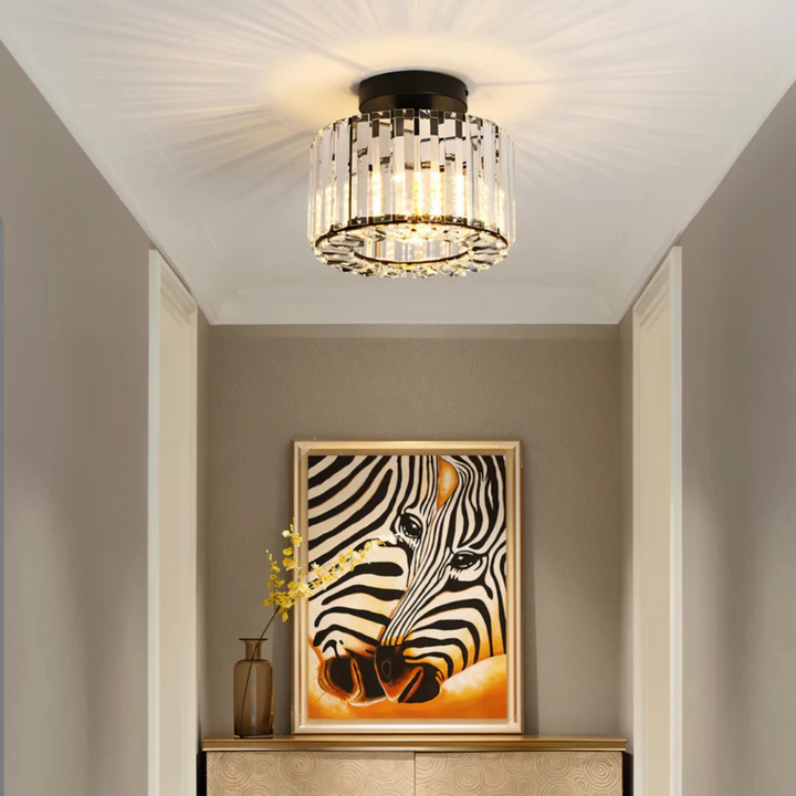 Kryształowa lampa sufitowa, eleganckie oświetlenie do salonu. Designerska lampa czarna/złota, nowoczesna dekoracja wnętrz.