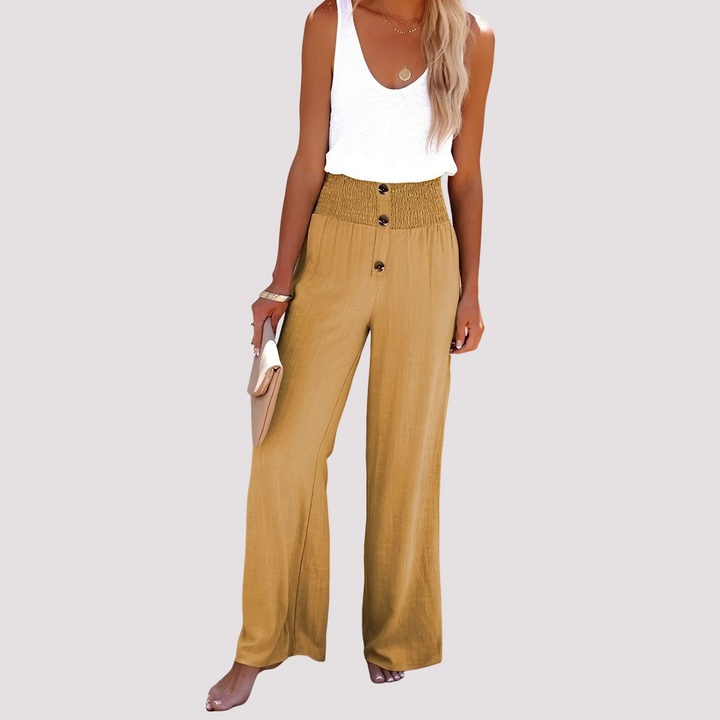 Letnie, wiosenne damskie spodnie z wysokim stanem. Luźny krój, idealne do casual i smart casual.