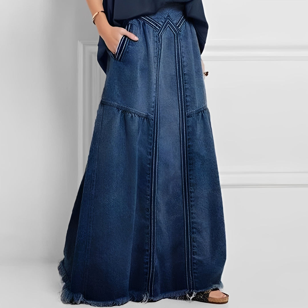 Wygodna damska spódnica jeansowa w stylu vintage z kieszenią. Modna opcja na jesień i codzienne stylizacje.