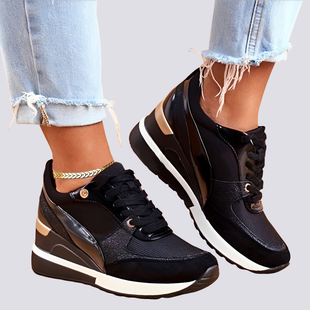Modne czarno-złote sneakersy damskie na grubej platformie. Idealne obuwie codzienne w stylu casual na wiosnę.