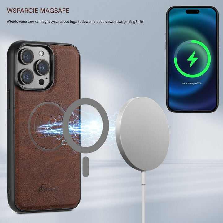 Eleganckie skórzane etui na telefon iPhone z portfelem i podstawką, idealne do codziennej ochrony i wygody.