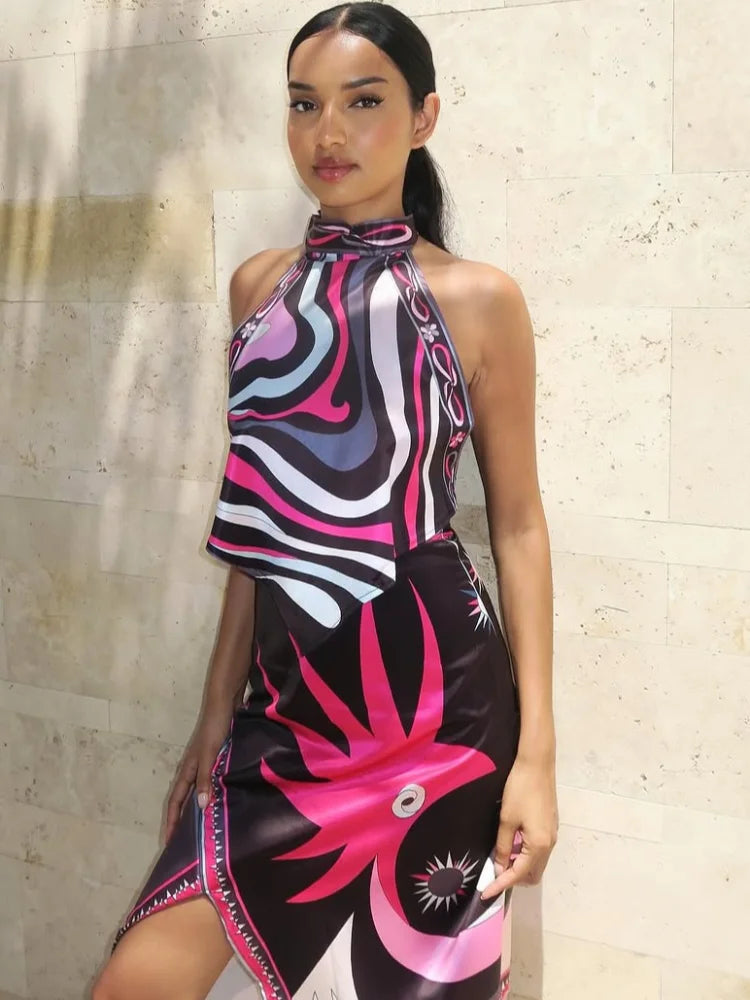 Damski elegancki komplet chickova: bluzka batwing i spódnica z wysokim stanem. Idealny na lato.