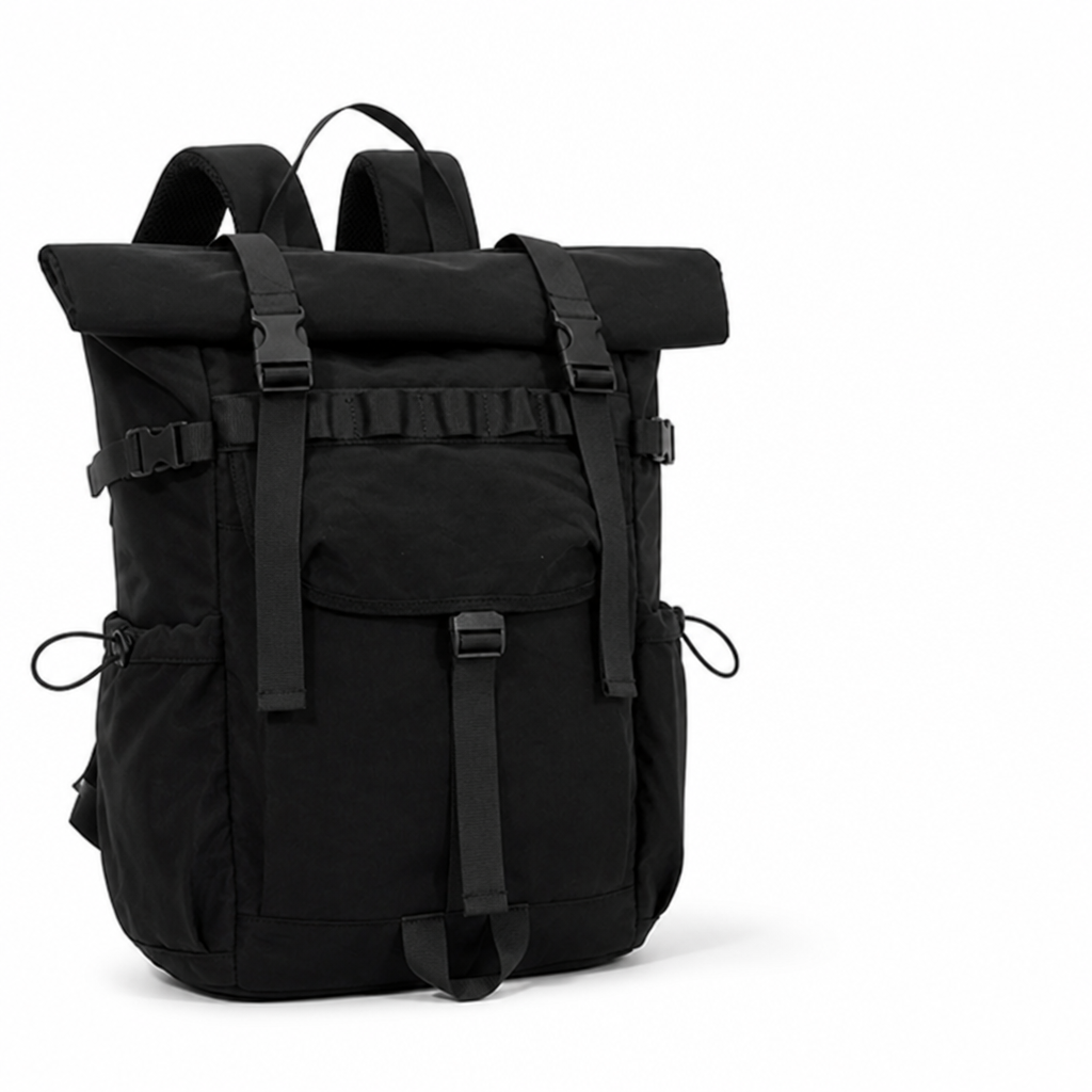 Stylowy plecak rolltop uniseks w miejskim środowisku, idealny na laptopa, wodoodporny, do szkoły.