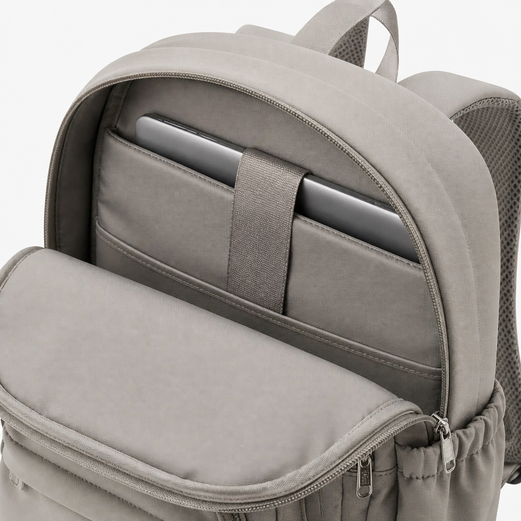 Wnętrze plecaka z licznymi przegrodami i kieszeniami, doskonała organizacja na podróże i codzienne użytkowanie.