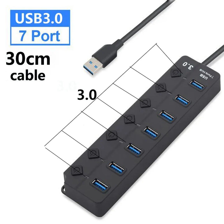 Rozdzielacz USB 3.0 z 7 portami. Łatwy w instalacji Plug & Play. Zasilany, do wielu urządzeń.