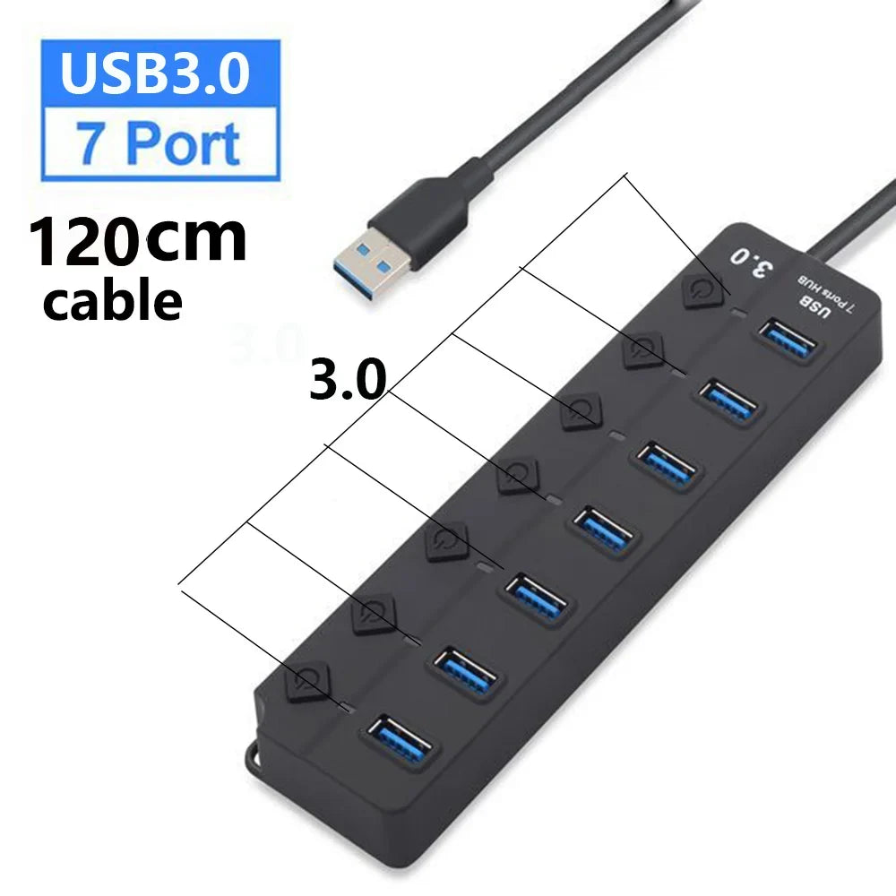 Elegancki hub USB 3.0, 7 portów, czarny. Indywidualne przełączniki, diody LED. Akcesoria do komputera.