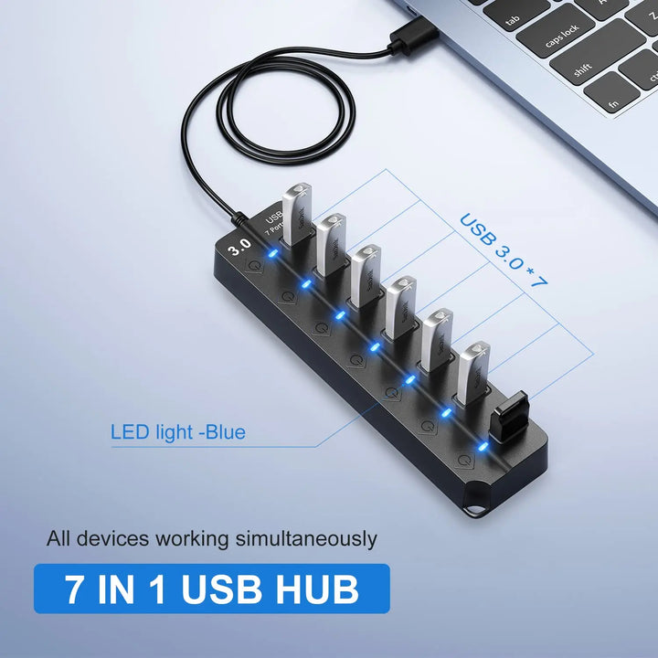 Rozdzielacz USB 3.0 z 7 portami do biura i gamingu. Zasilany hub, szybki transfer dla PC.