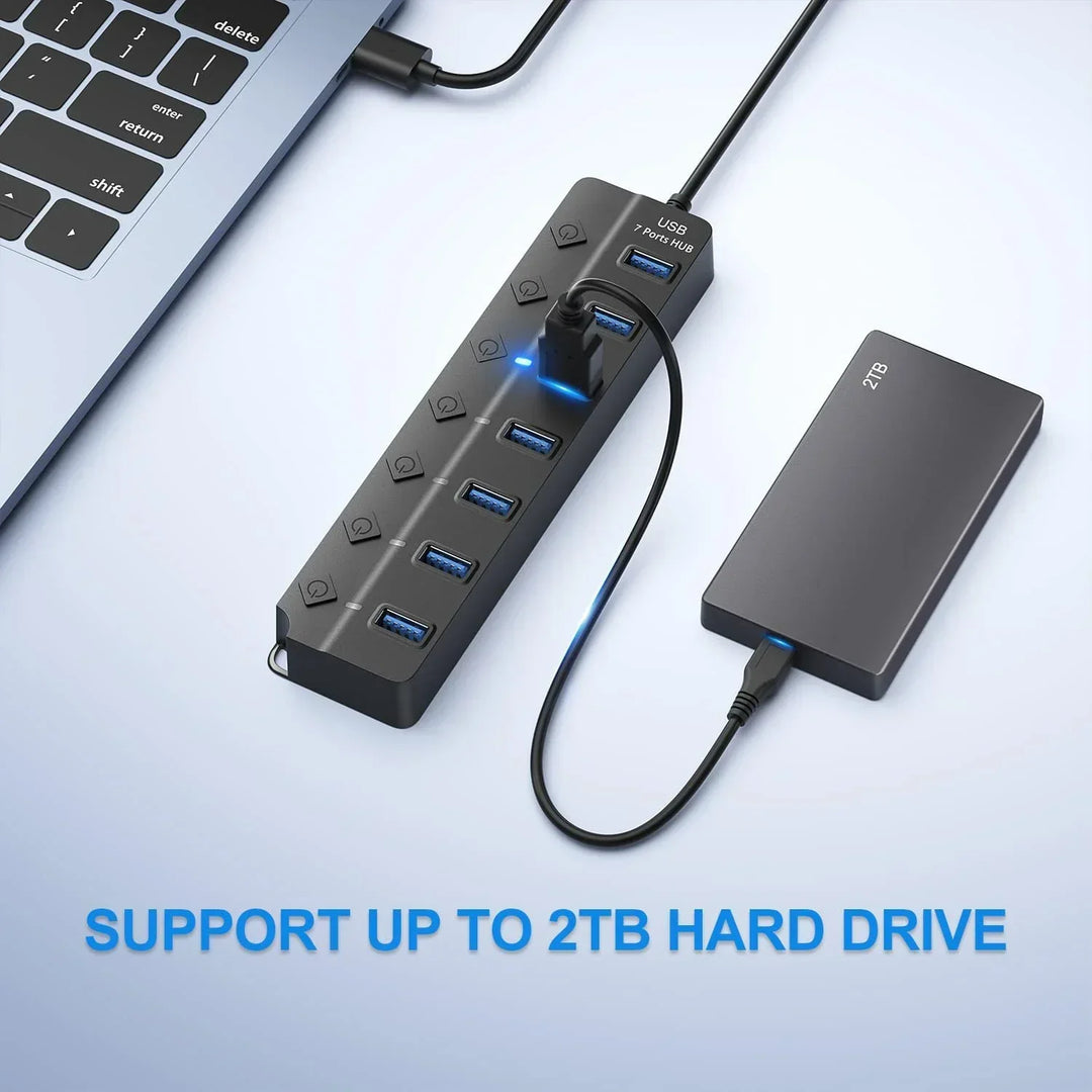 Hub USB 3.0 Plug & Play, 7 portów. Łatwe zarządzanie portami dla komputera i laptopa.