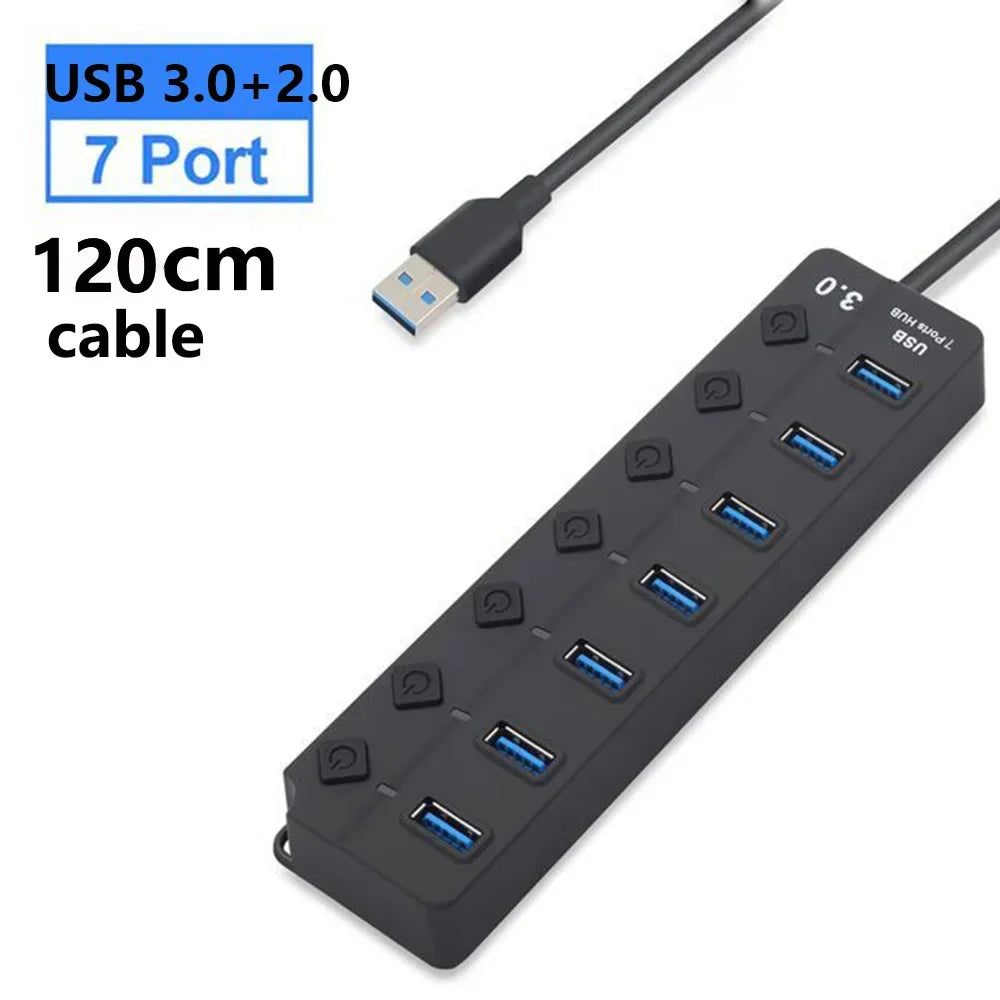 Wydajny hub USB 3.0 PortMaster, 7 portów, szybki transfer 5Gbps. Idealny dla graczy i biura.