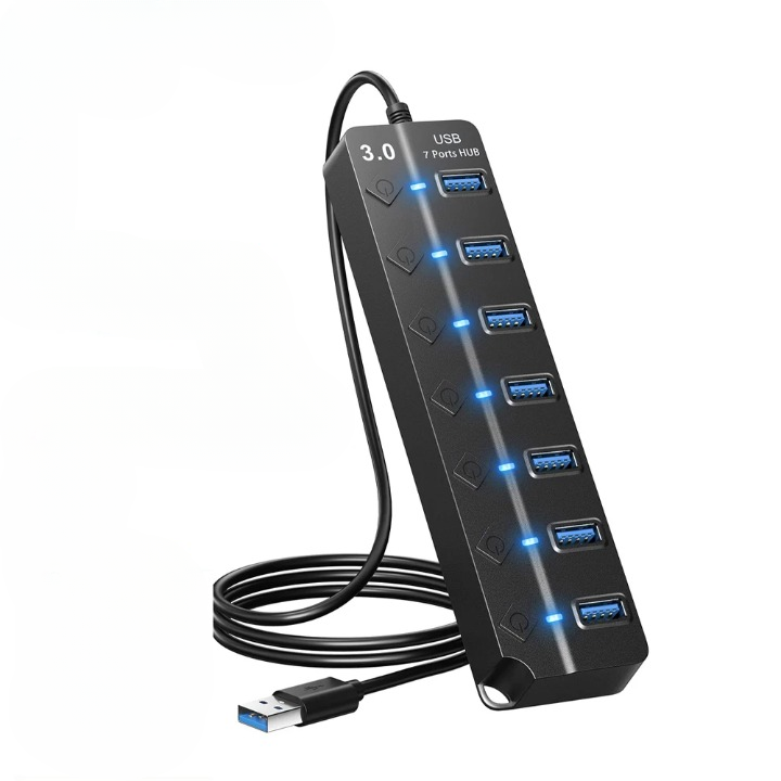 Hub USB 3.0 PortMaster z 7 portami i indywidualnymi przełącznikami. Szybki transfer danych.
