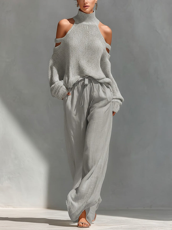 Komplet damski z szerokimi spodniami i topem off-shoulder. Elegancki zestaw na wiosnę/lato. Wygoda i styl.