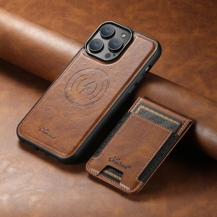 Magnetyczne skórzane etui iPhone z bezpiecznym zamknięciem, chroniące telefon oraz karty przed zgubieniem.