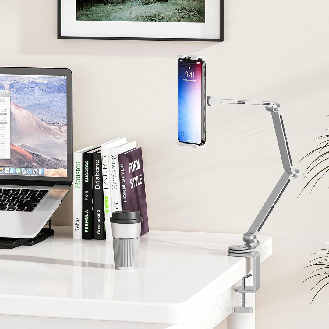 Elegancki aluminiowy uchwyt na tablet Movaro z regulacją kąta i obrotem 360°, na biurko.