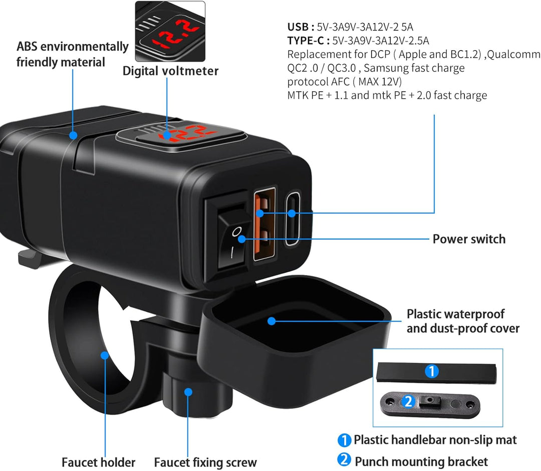Zbliżenie na porty ładowarki Drayvik: USB-C i USB-A do szybkiego ładowania urządzeń na motocyklu.