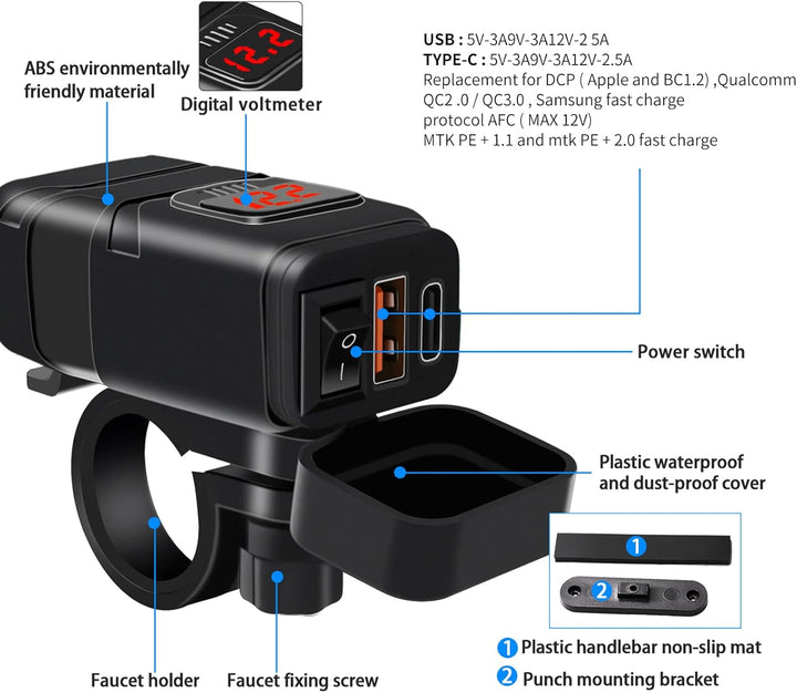 Zbliżenie na porty ładowarki Drayvik: USB-C i USB-A do szybkiego ładowania urządzeń na motocyklu.