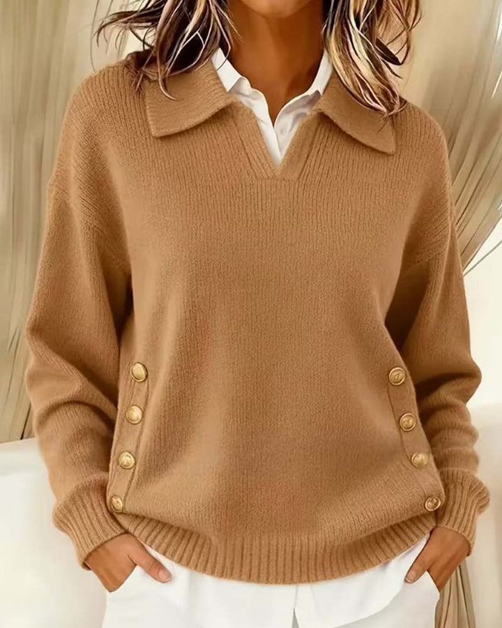 Damski sweter khaki z kołnierzykiem i guzikami, idealny na jesień i zimę. Luźny, akrylowy krój.