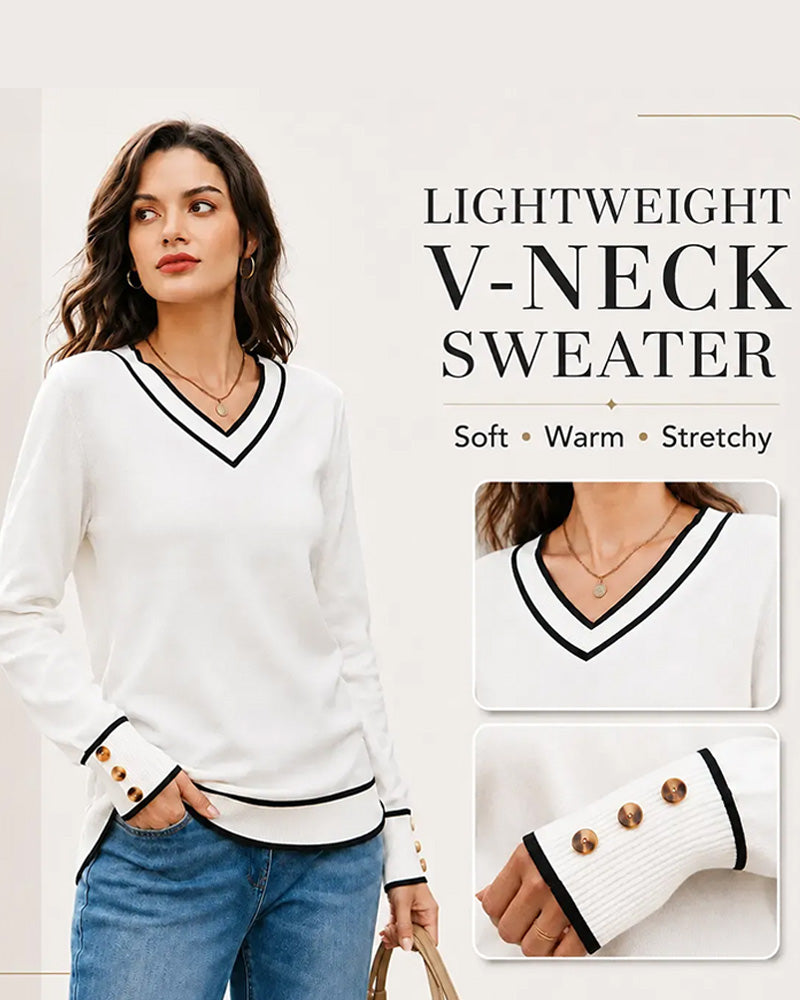 Elegancki sweter damski kolorblok z dekoltem V, z ozdobnymi zatrzaskami. Idealny do stylizacji casualowych.
