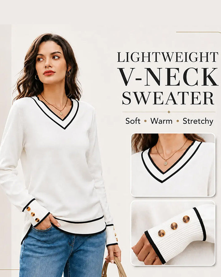 Elegancki sweter damski kolorblok z dekoltem V, z ozdobnymi zatrzaskami. Idealny do stylizacji casualowych.