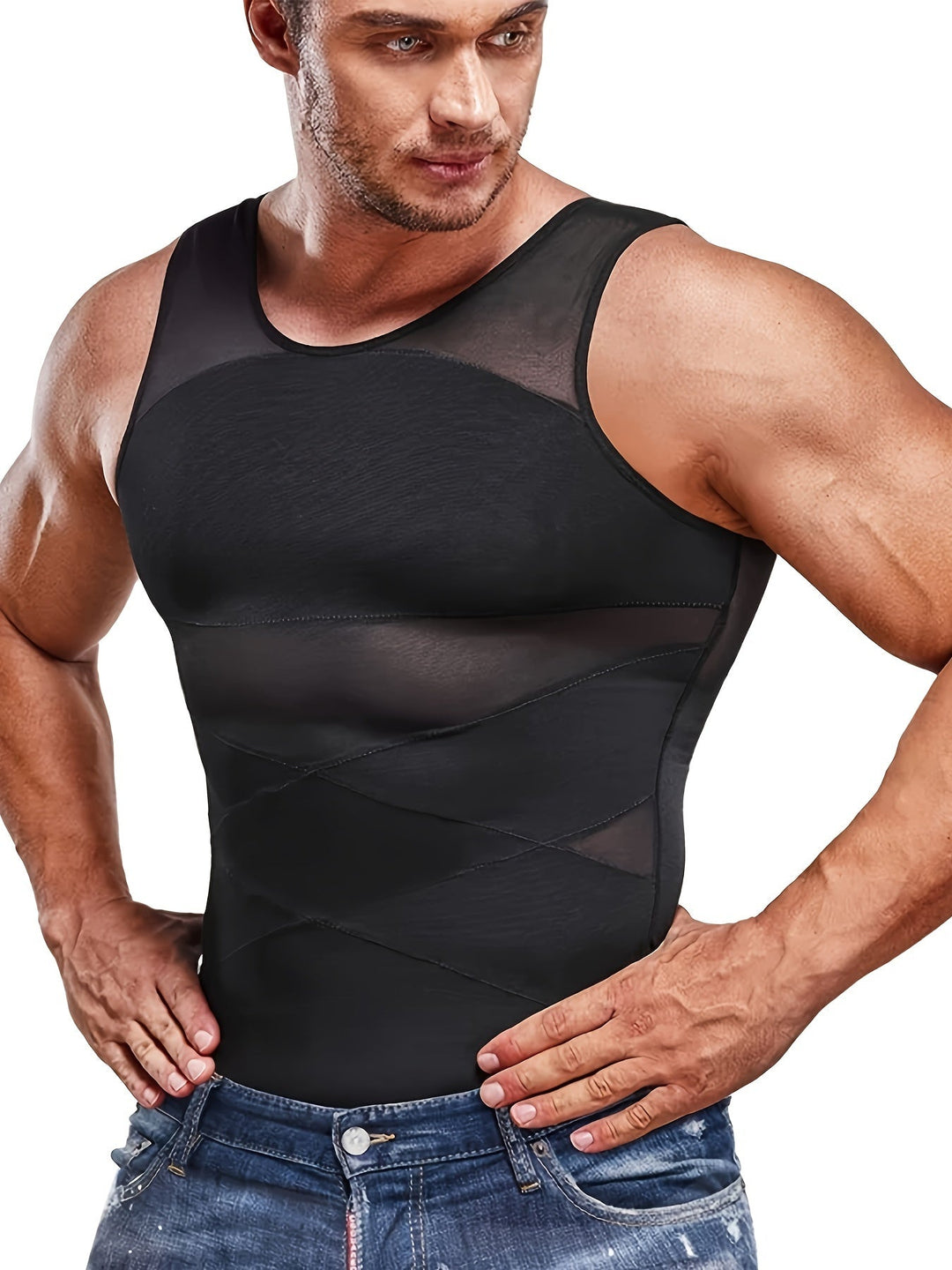 Bezrękawnik kompresyjny męski, top modelujący brzuch i klatkę piersiową, slim fit.