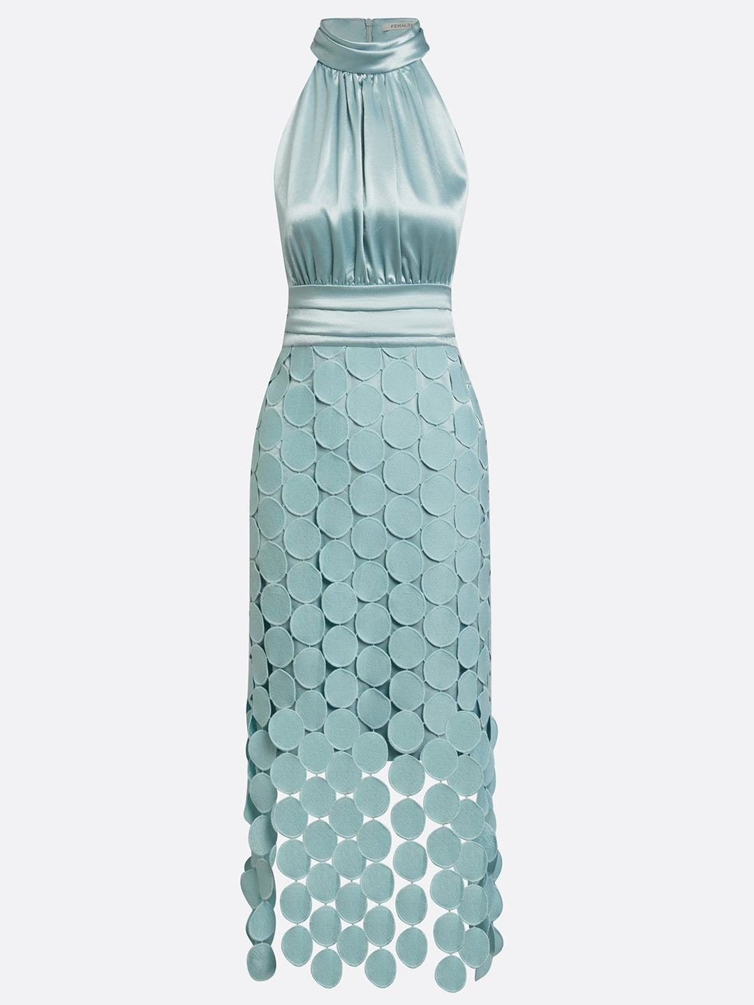 Sukienka midi halter na eleganckie uroczystości, z modnym krojem podkreślającym sylwetkę.