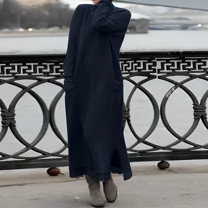 Damska zimowa sukienka elegancka, długa z rękawami, praktycznymi kieszeniami.
