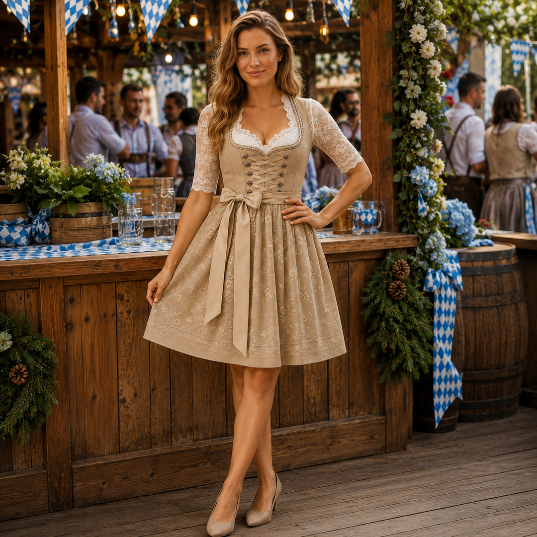 Khaki damska sukienka ludowa, klasyka regionalnego stylu. Połączenie tradycji i elegancji. Odzież na uroczystości.