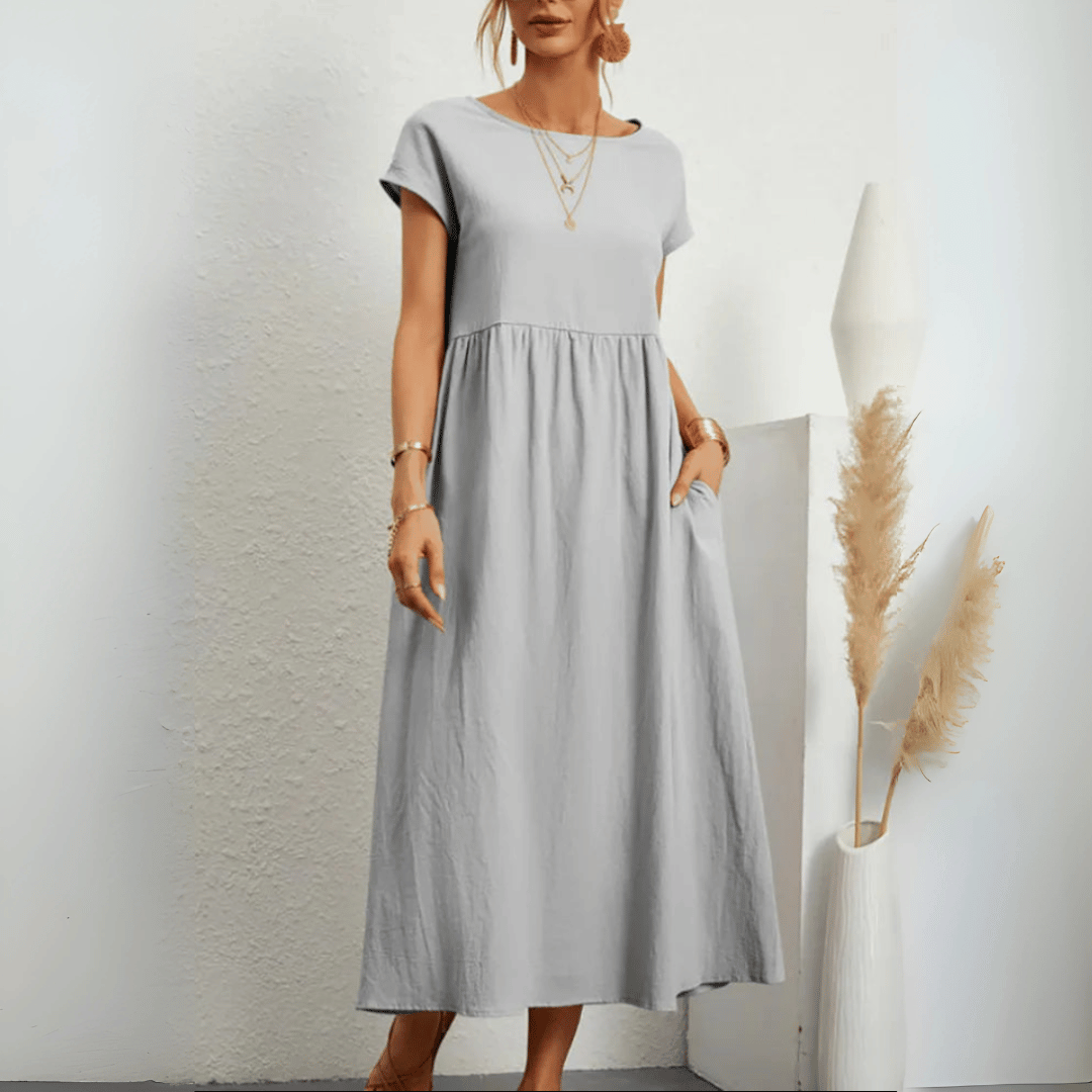 Modna sukienka damska maxi z lnu i bawełny. Swobodny, elegancki styl vintage. Idealna sukienka letnia.