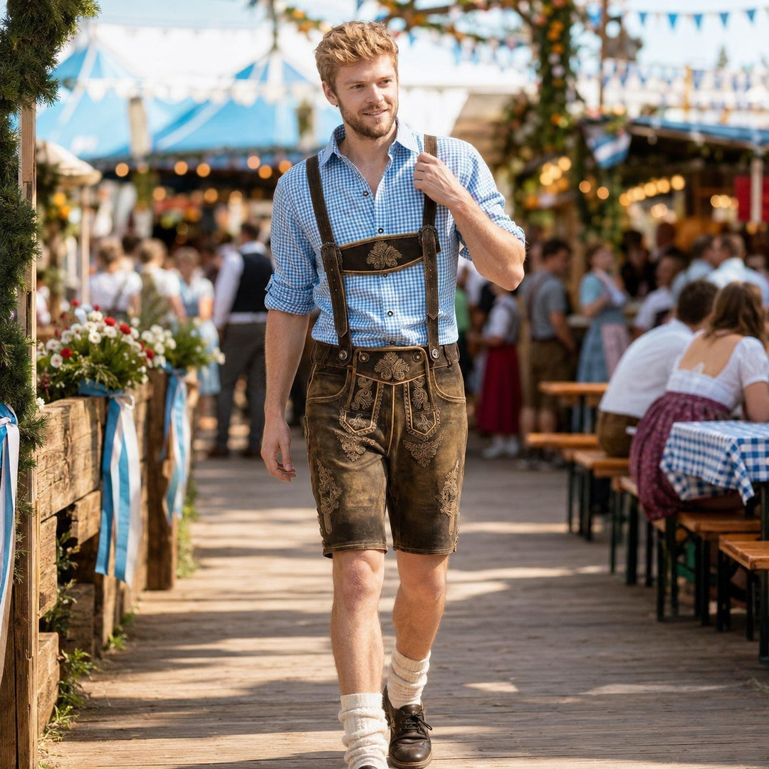 Wygodne i stylowe męskie lederhosen, krótkie. Tradycyjne bawarskie spodnie na festyn.