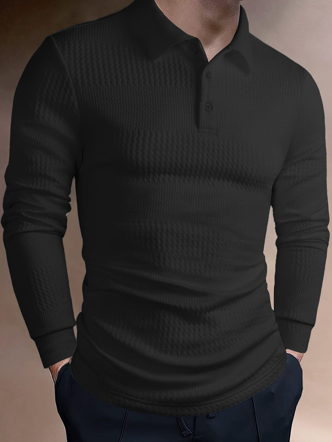 Męskie polo z długim rękawem, smukła sylwetka, teksturowane. Idealne do smart casual i casual.