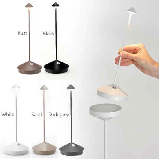 Detal lampy stołowej LED. Minimalistyczny design, metalowe wykończenie. Nowoczesne oświetlenie.