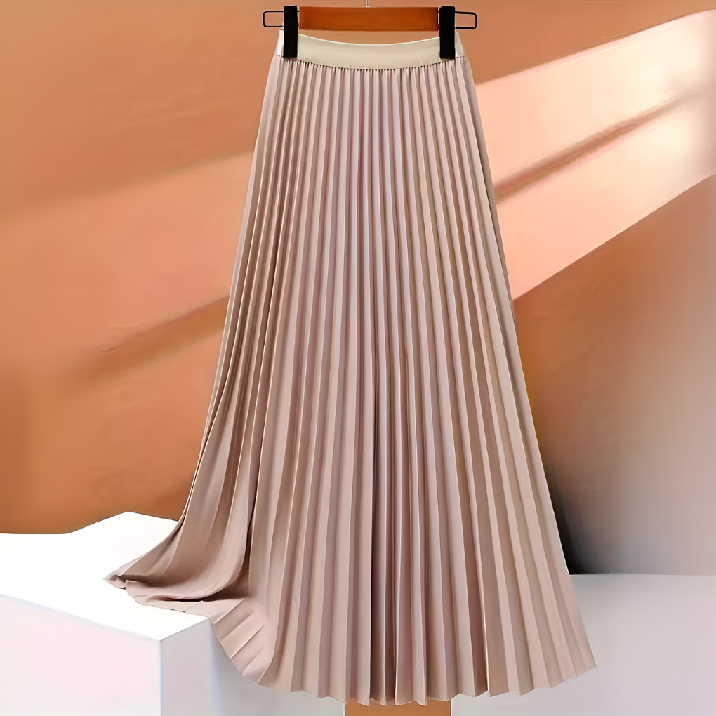 Wysoki stan i plisy: damska satynowa spódnica midi. Idealna na elegancką modę casual i wieczorową.