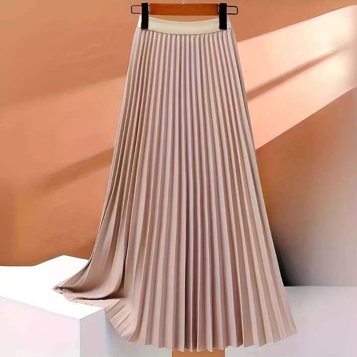 Wysoki stan i plisy: damska satynowa spódnica midi. Idealna na elegancką modę casual i wieczorową.