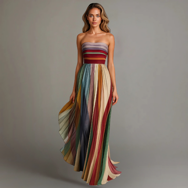 Damska sukienka maxi colorblock, plisowana, bez ramiączek, idealna na lato.