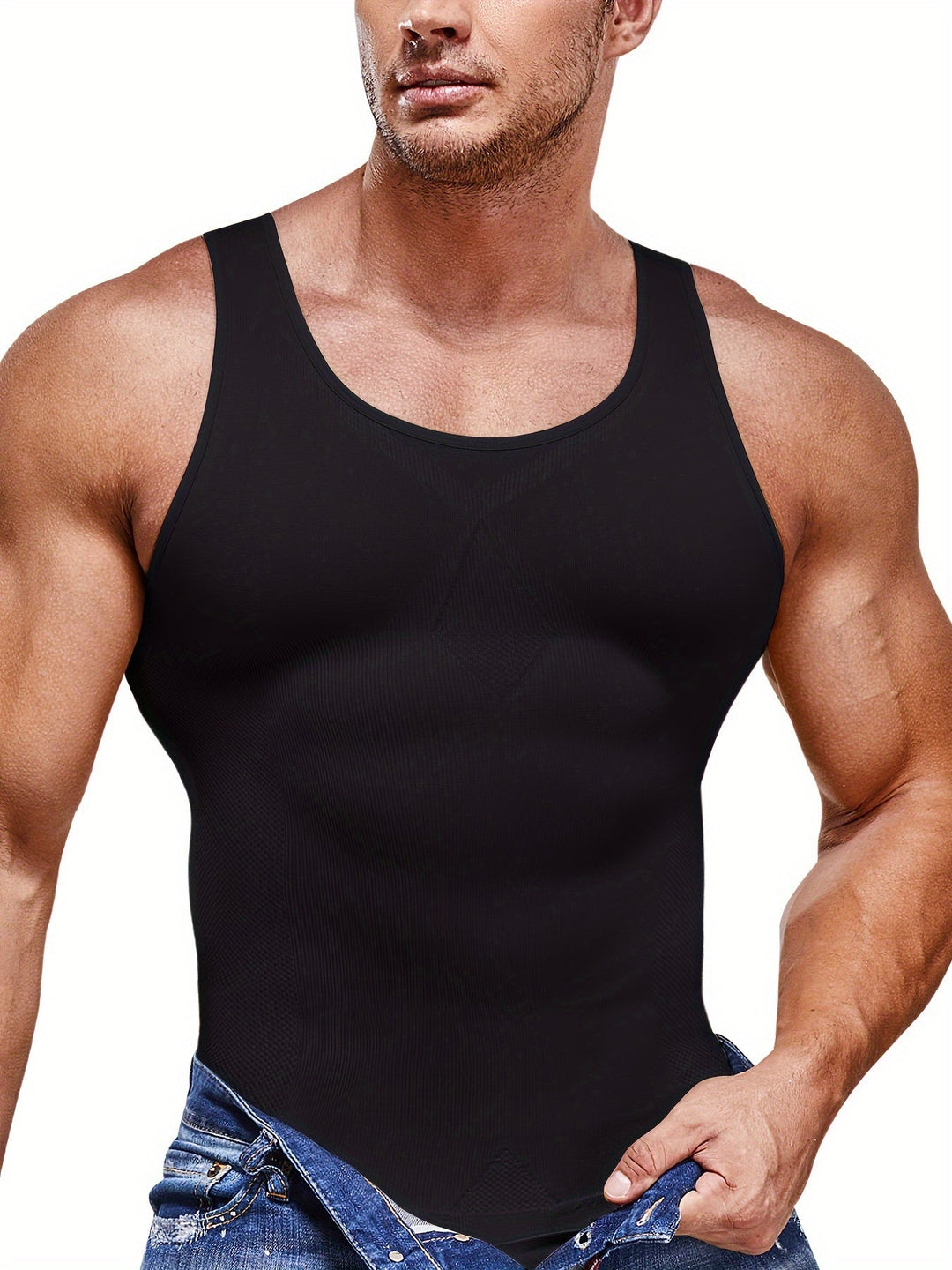 Dopasowana męska koszulka kompresyjna z kontrolą brzucha. Wyszczuplający tanktop sportowy i codzienny.