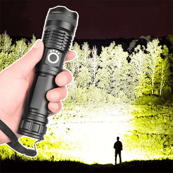Potężna latarka LED XHP50.2 z zoomem, 90000 lumenów. Wodoodporna, ładowana USB, do pracy i na zewnątrz.