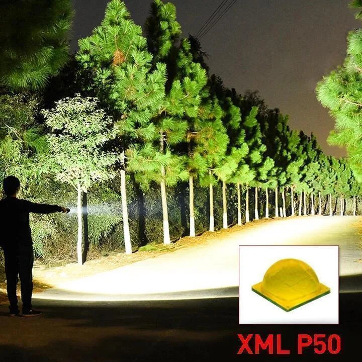 Użytkownik trzyma super jasną latarkę LED XHP50.2 z zoomem 90000lm w ciemnym otoczeniu, oświetlając drogę.
