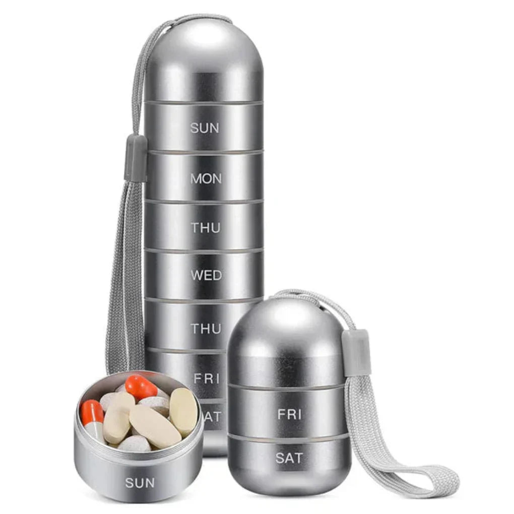 Wodoodporny aluminiowy organizer na tabletki. Tygodniowa kasetka na leki, idealna do apteczki i podróży.
