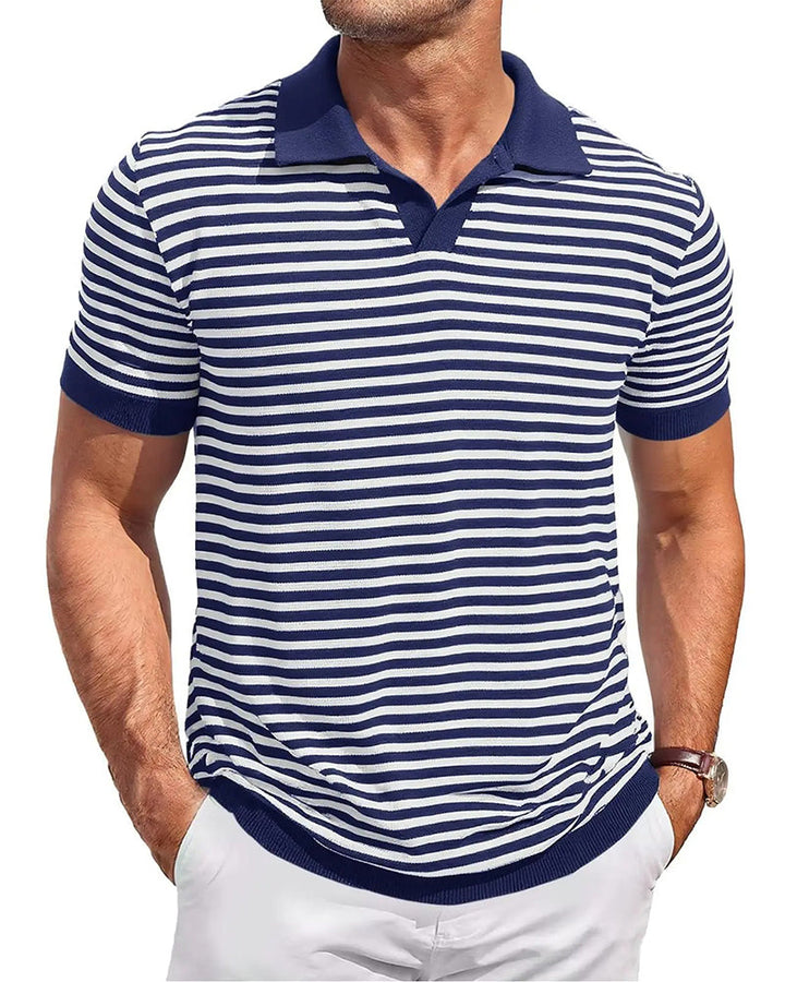 Męska koszulka polo w paski z kołnierzykiem, krótki rękaw. Idealna na co dzień, zapewnia wygodę i modny look.