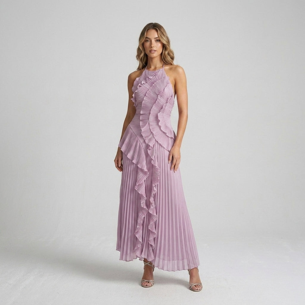 Elegancka sukienka midi halter z plisowanym dołem, idealna na wesele i wieczorowe wyjścia.