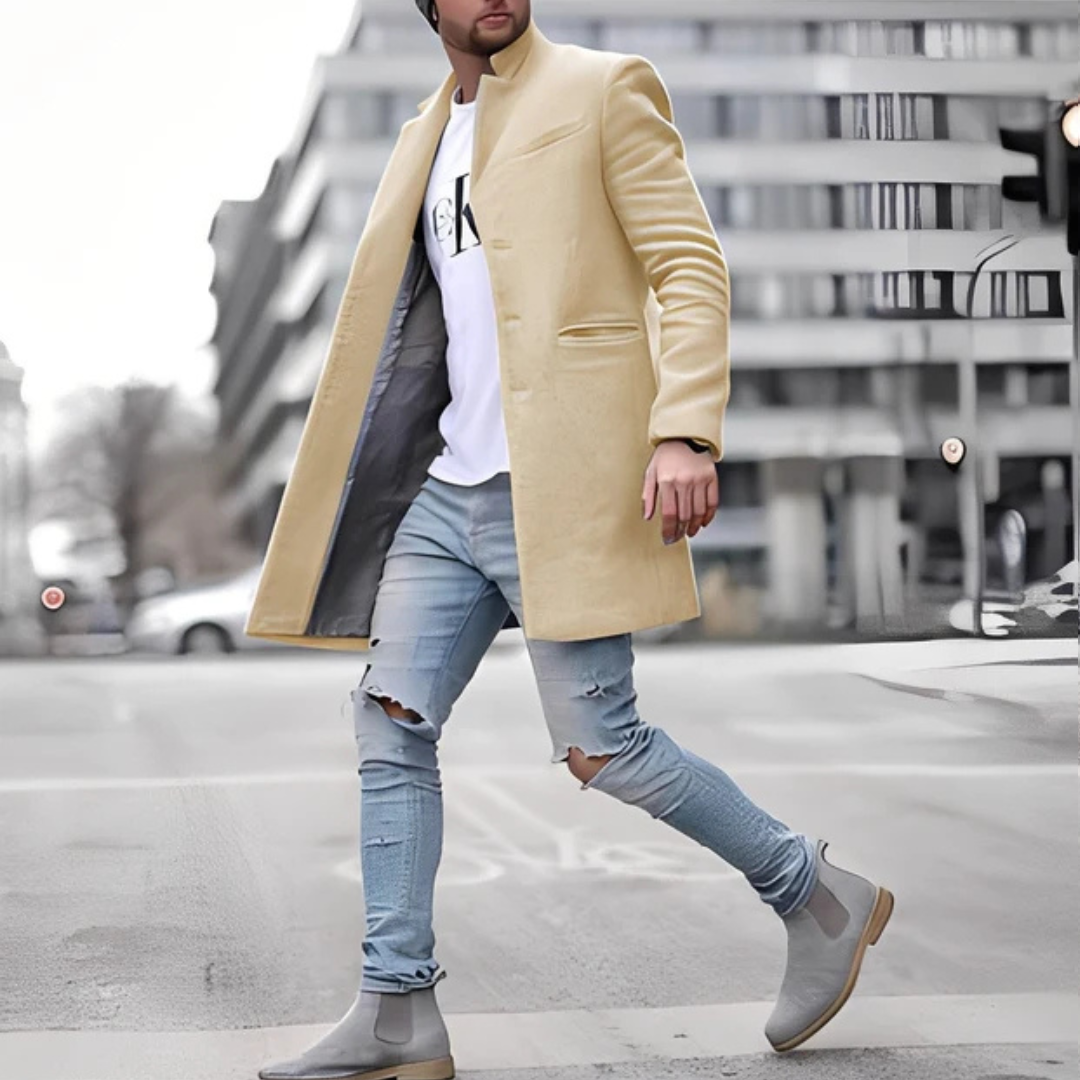 Elegancki męski płaszcz Cordell, idealny na chłodne dni jesieni i zimy. Stylowe okrycie wierzchnie dla mężczyzn.