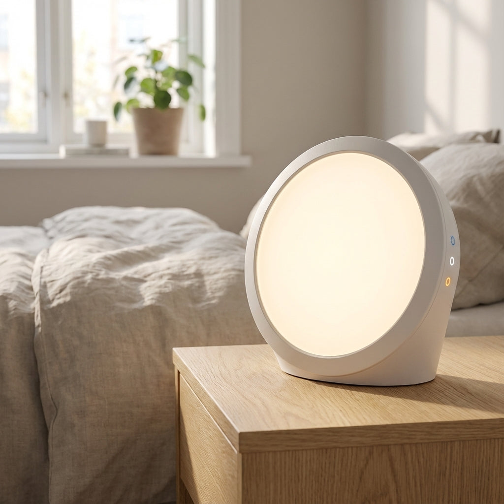 Lampa światła dziennego Auralux z regulacją jasności i timerem, idealna do terapii światłem w domu.