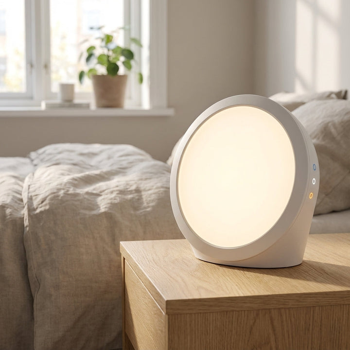 Lampa światła dziennego Auralux z regulacją jasności i timerem, idealna do terapii światłem w domu.