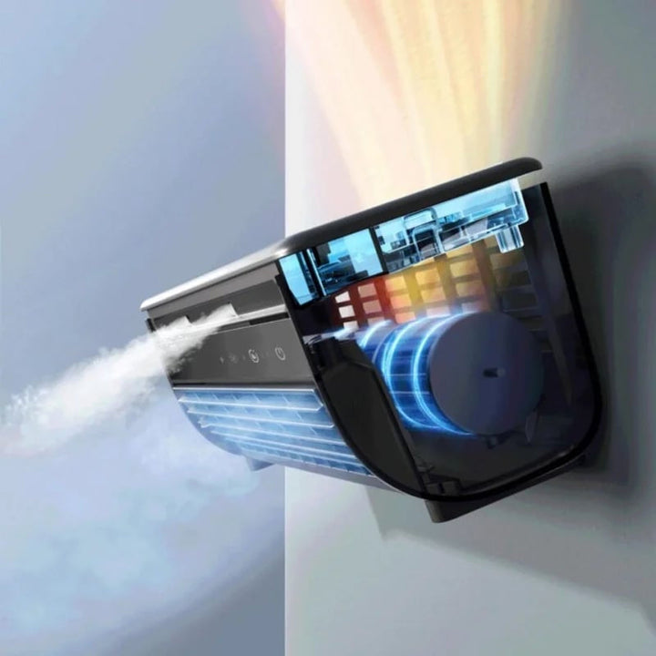 Elegancki mini klimator 3w1 z oświetleniem LED i trybem nawilżania. Chłodzi biurko i poprawia atmosferę.