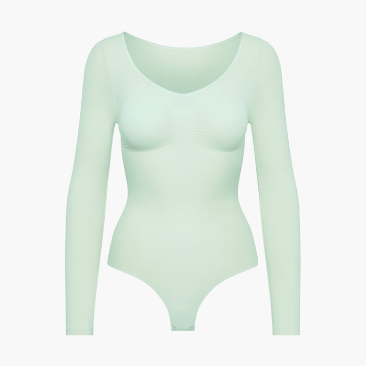 Damskie body modelujące z długim rękawem, bezszwowe. Idealne jako odzież casualowa i elegancka na jesień.