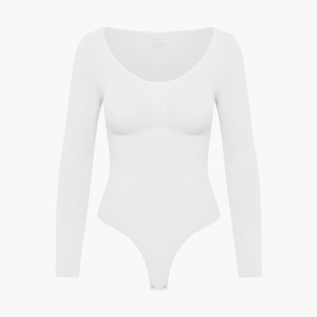 Gładkie damskie body z długim rękawem, bezszwowe, modelujące sylwetkę. Modna odzież na jesień/zimę.
