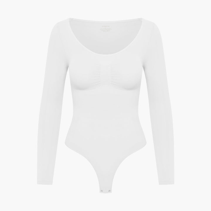 Gładkie damskie body z długim rękawem, bezszwowe, modelujące sylwetkę. Modna odzież na jesień/zimę.