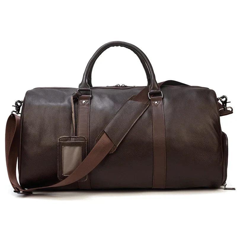 Luksusowa skórzana torba podróżna unisex. Elegancka, trwała, idealna na weekendowe wypady. Dostępna w brązie i czerni.