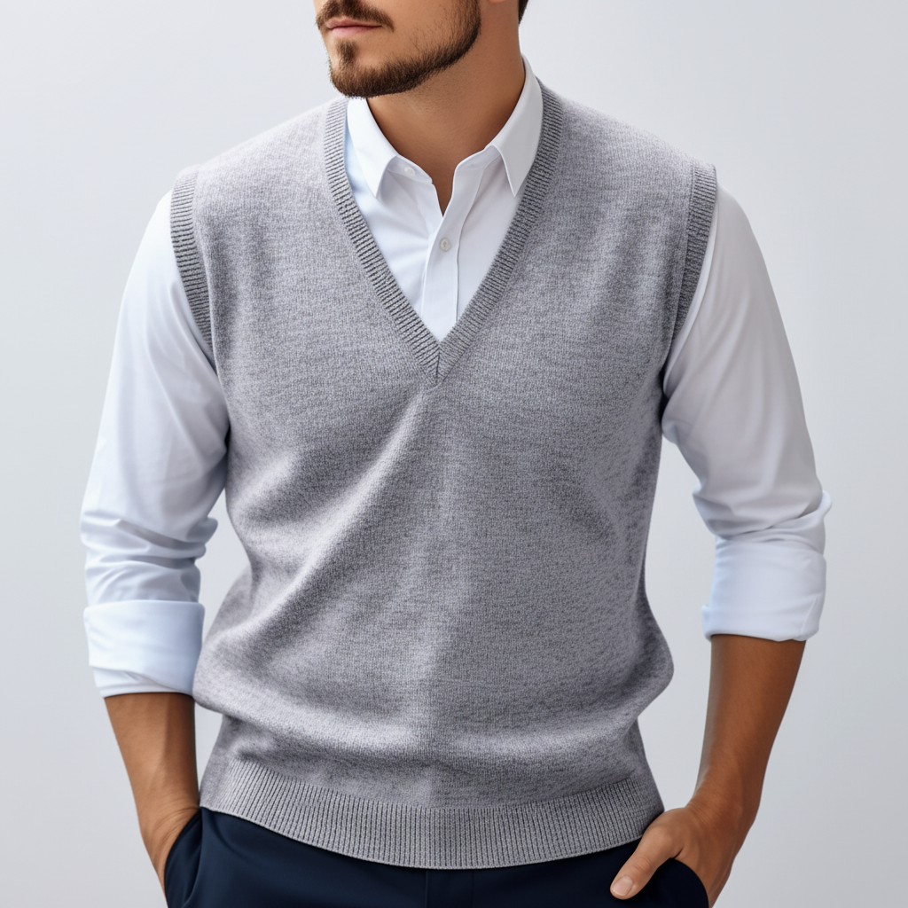 Męska kamizelka sweterkowa V-neck, elegancki bezrękawnik, styl biznesowy i casual, wszechstronna moda męska.